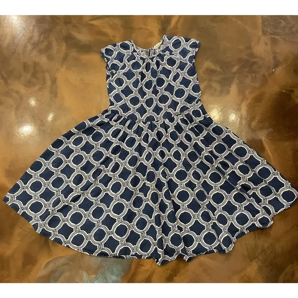 Lands' End Navy Blue White Classic Fit Flare Geometric Dress 8 Girls